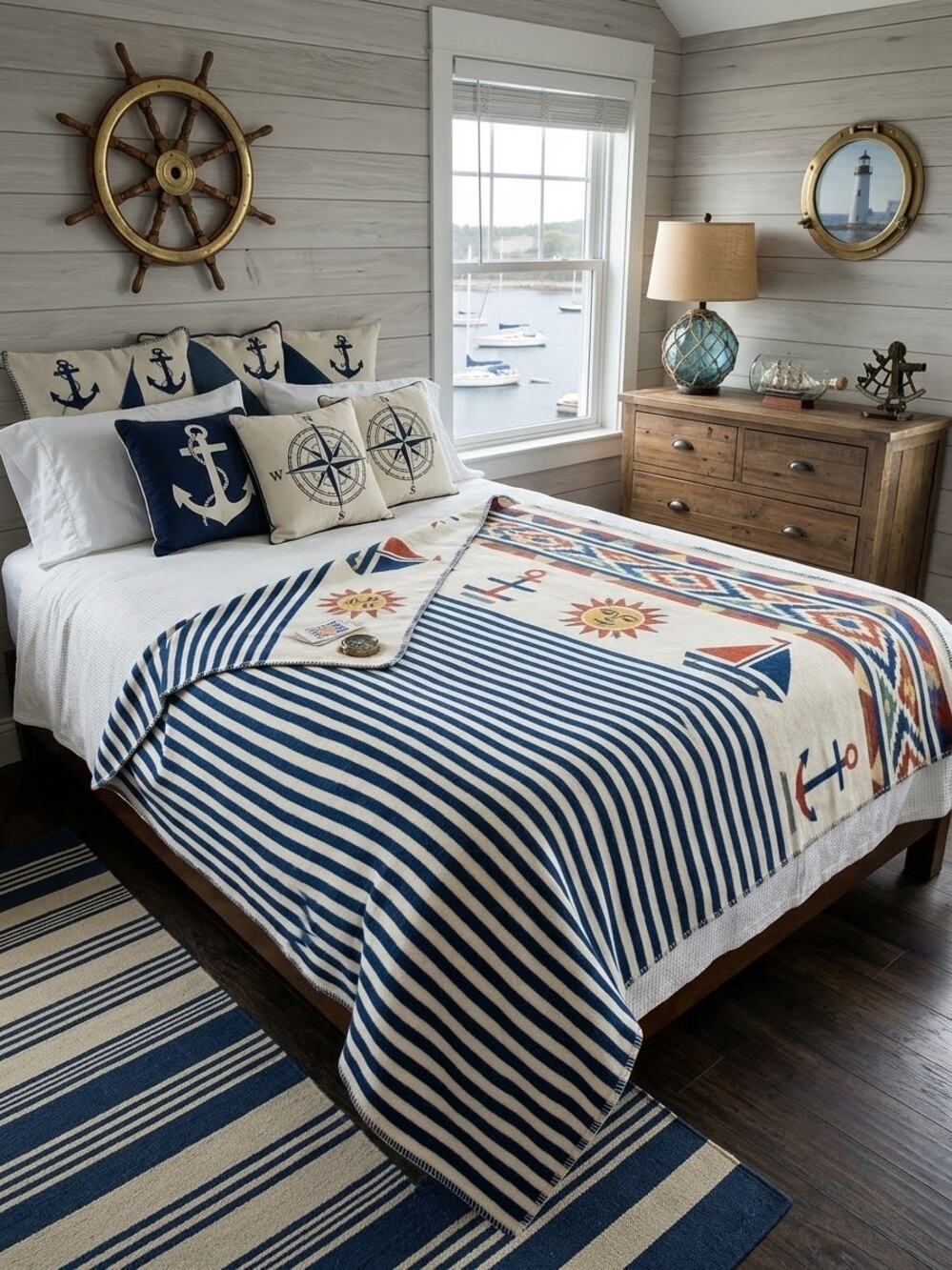 David Fussenegger Austria Throw Blanket Navy Blue White Striped Sailboat NWT